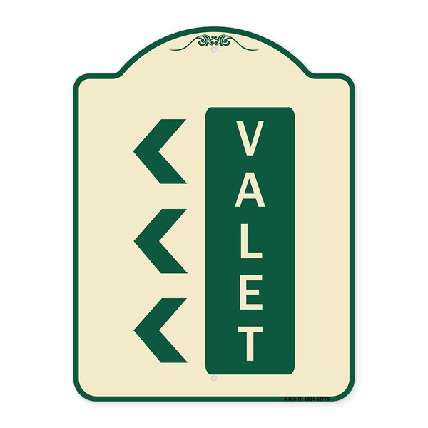 Designer Series Valet Left Arrow, Tan & Green Heavy-Gauge Aluminum Sign, 24" x 18", TG-1824-22770